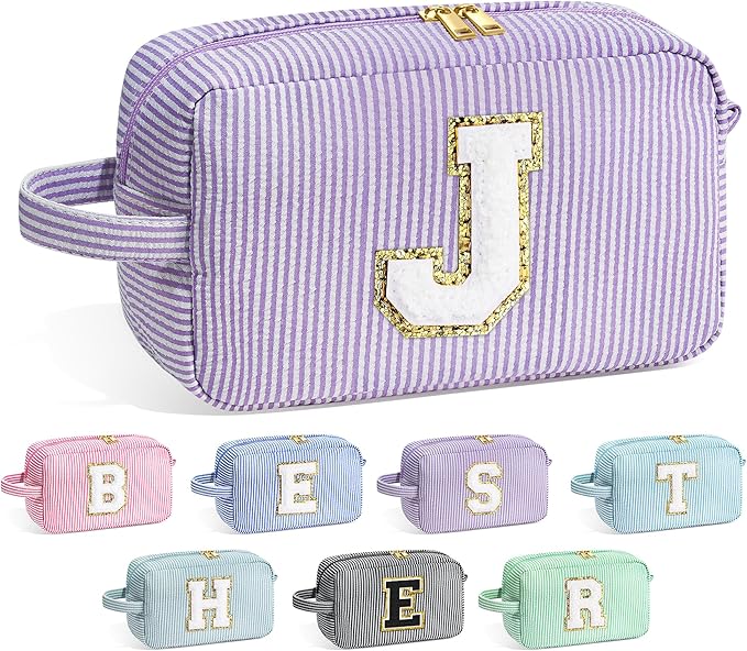 YOOLIFE Initial Makeup Bag for Women - Monogram Cute Makeup Bags Cosmetic Case Toiletry Pouch for Women Her Best Friend Sister Teacher, Personalized Birthday Gifts for Women, Purple J