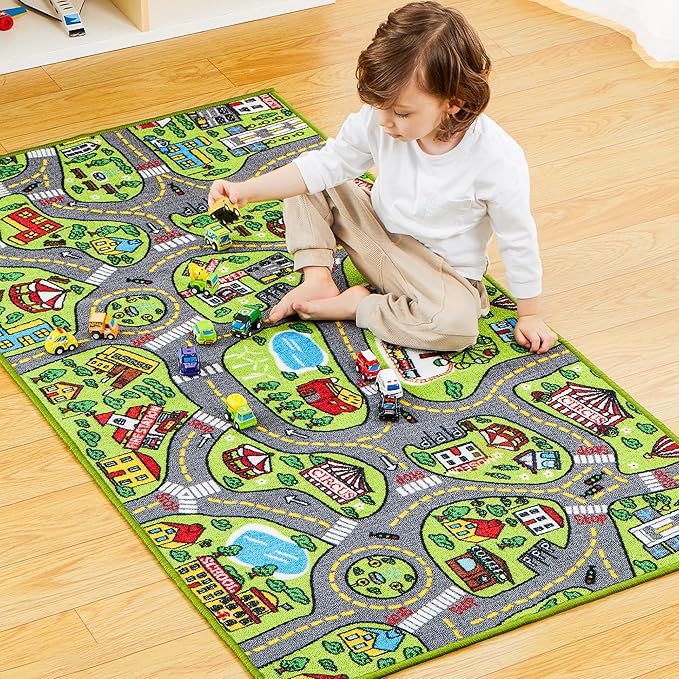 JOYIN Kids Play Rugs - 12 Pull-Back Vehicle Set - Durable Carpet Playmat Rug - City Pretending Play - Toddler Car Track Rug