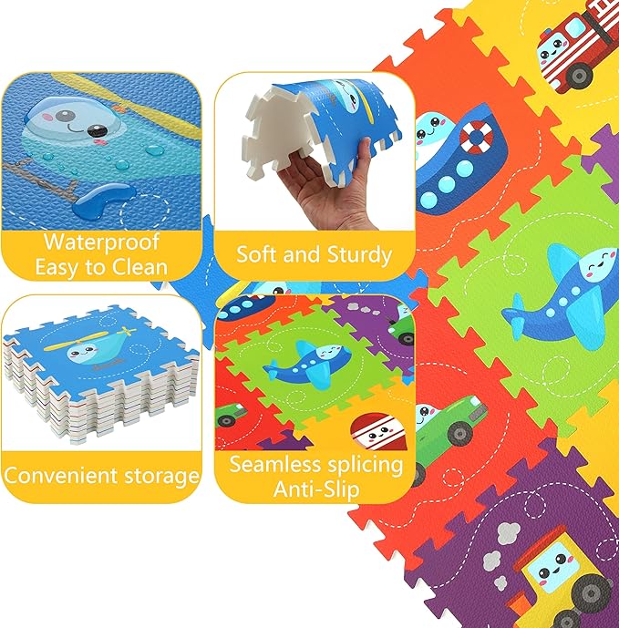 PLAY 10 Baby Play Mat, Foam Playmat for Babies, Kids Play Mat, Foam Floor Tiles 34×34 9 Pieces Vehicle Puzzle Mat
