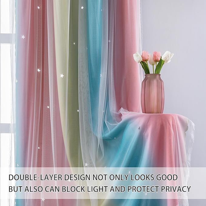 XiDi Dream Star Blackout Curtains for Kids Rooms Girl Princess Curtain for Daughter Bedroom Window (Pink Blue, W52 X L72)