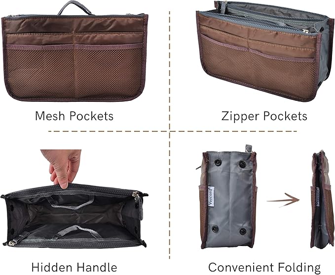 Vercord Purse Organizer Insert for Handbags Bag Organizers Inside Tote Pocketbook Women Nurse Nylon 13 Pockets Coffee Small