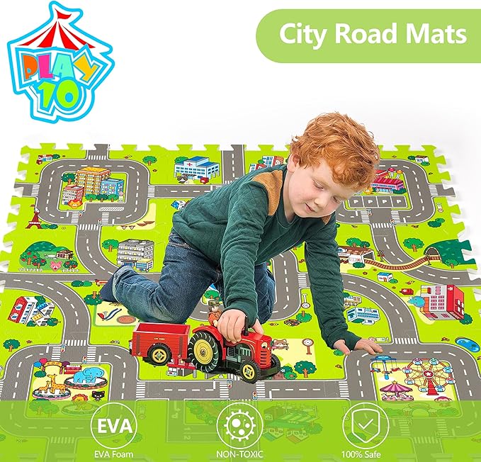 PLAY 10 Baby Play Mats for Floor, Foam Play Mat, Interlocking Foam Tiles City Road Track Puzzle Mat 9 Pieces