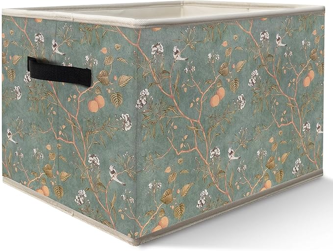 FDHSPAAM Vintage Chinoiserie Bird Floral Storage Bins Box with Handles, Cottagecore Botanical Plant Collapsible Fabric Storage Basket Box Organizer for Bedroom Bathroom Clothes Toys Books