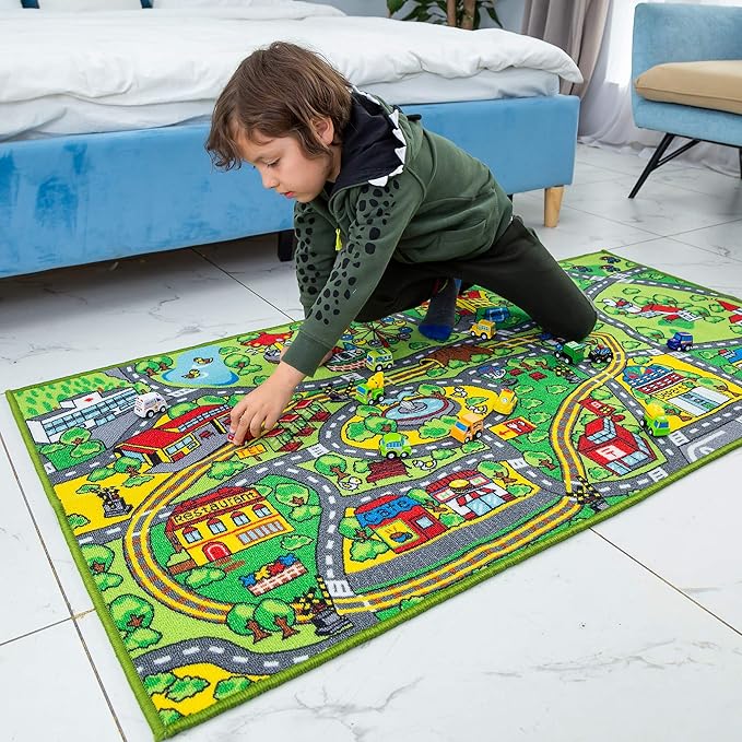 JOYIN Carpet Playmat w/ 12 Cars Pull-Back Vehicle Set for Kids Age 3+, Jumbo Play Room Rug, City Pretending Play