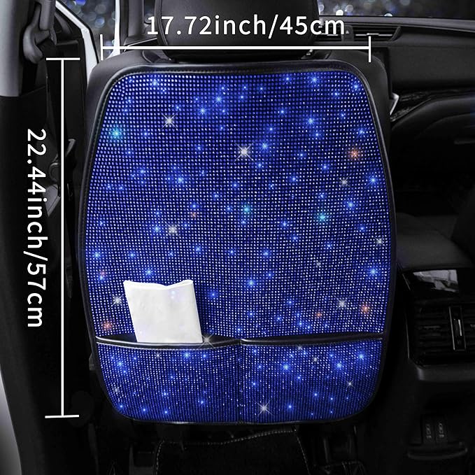Sparkling Diamond Car Seat Kick Protectors with Storage, Crystal Kick Mats for Car Seats with Bling Rhinestones, Universal Fit Luxury Auto Accessories for Women Girls and Ladies Blue 2pcs