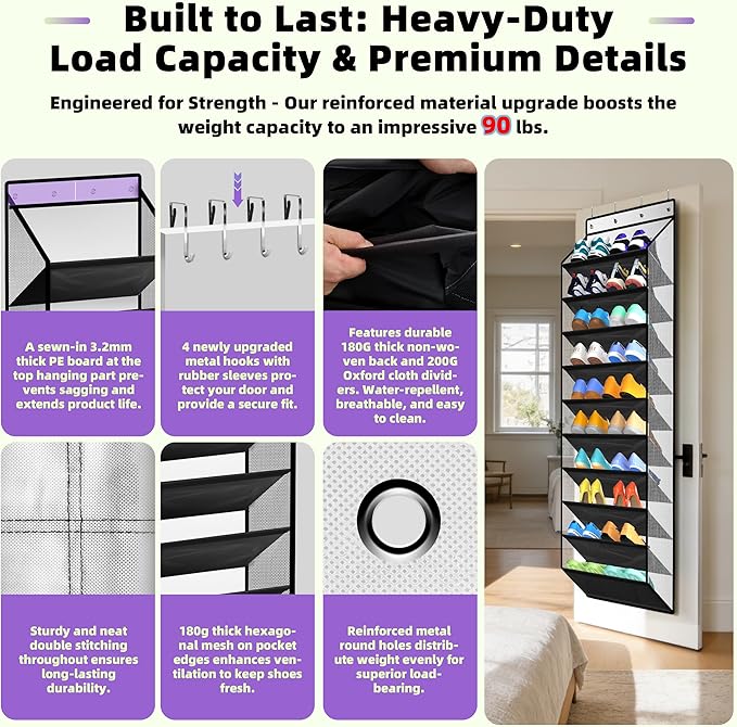 PAULONE 10-Pocket Multi-Use Over the Door Organizer, Heavy Duty 95lbs Capacity with Breathable Mesh, Versatile Hanging Storage for Shoes, Toys, Office Supplies-Classic (Piano Gloss Black, 10-Shelf,)