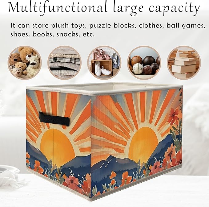 FDHSPAAM Boho Wildflower Sunshine Storage Bins Box with Handles, Maximalist Eclectic Sun Sunrise Sunset Collapsible Fabric Storage Basket Box Organizer for Bedroom Bathroom Clothes Toys Books