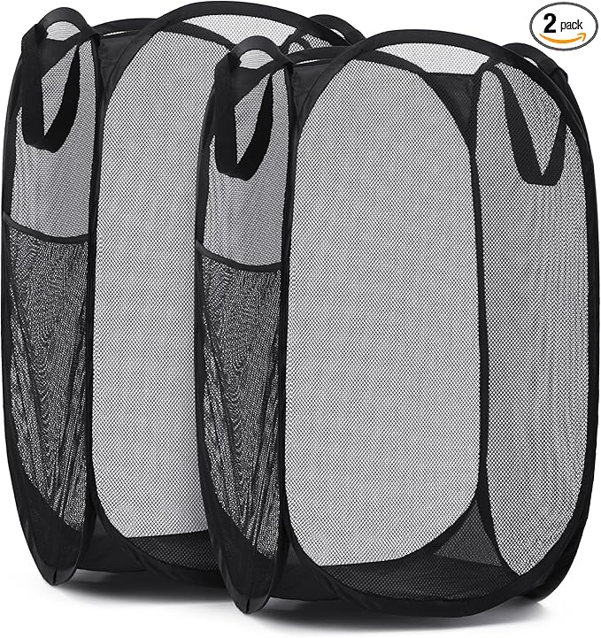 Handy Laundry Collapsible Mesh Pop Up Hamper with Wide Opening and Side Pocket - Breathable, Sturdy, Foldable, and Space-Saving Design for Clothes and Storage (Black | 2-Pack)