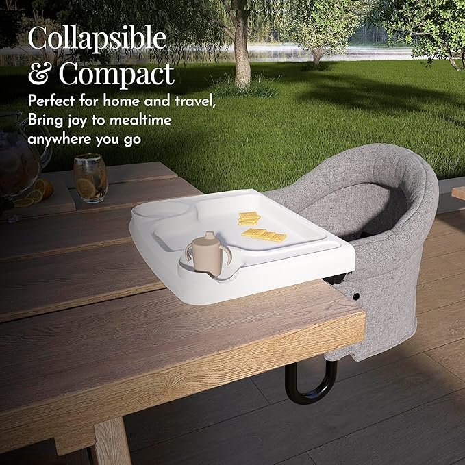 Evolur Clamp-On Comfort Table Chair, Portable Clip-On High Chair for Babies & Toddlers (6–36 Months), Removable Washable Seat Cover, Dishwasher-Safe Tray, Foldable Design with Carry Bag – Gray