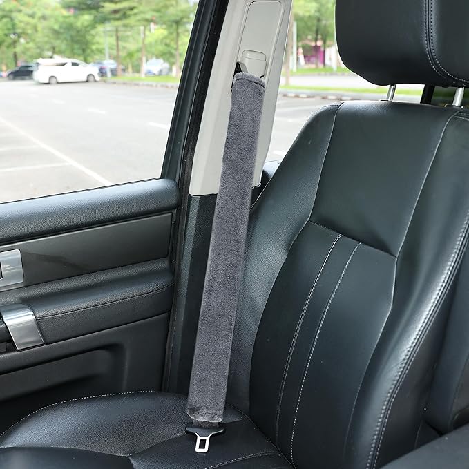 Amooca Soft Faux Fur Universal Fit Seatbelt Cover Car Truck SUV Airplane Seat Belt Shoulder Pad for Carmera Backpack Straps Neck Cushion Protector Extra Long 25.6in Dark Gray