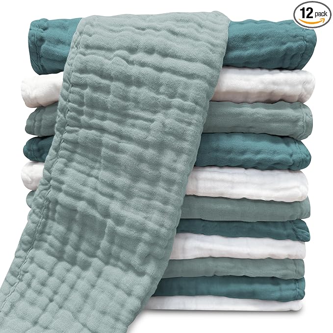 Muslin Burp Cloths for Baby 100% Cotton Burping Cloths for Unisex, Boy, Girl - Large 20'' by 10'' Newborn Essentials Ultra Soft Absorbent Milk Spit Up Rags - 12 Pack - White+Light Emerald Series