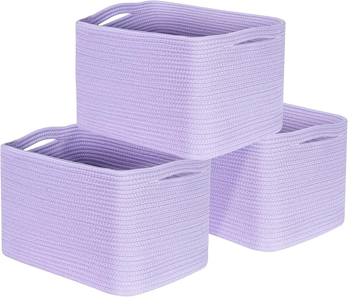 MINTWOOD Design 3-Pack Storage Baskets and Cube Bins for Shelves, Playroom and Classroom, Decorative Woven Closet Organizers for Books, Shoes, and Pantry Items, Lavender Purple