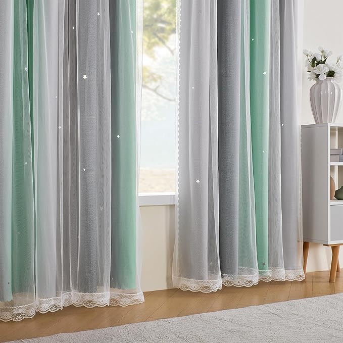 XiDi Curtains for Bedroom Decor, Rainbow Green LightgreyGrey34/45/1