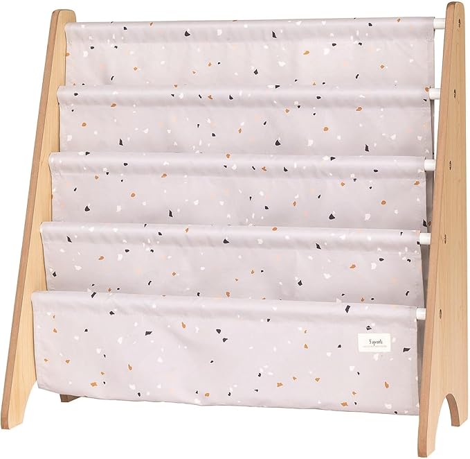 3 Sprouts Recycled Fabric Kids Bookshelf – 4-Tier Sling Book Rack Organizer - Nursery Room Playroom Classroom Wooden Book Shelves - Kid Bookcase Wood Storage Shelf for Toddler Age 3+ - Terrazzo Gray