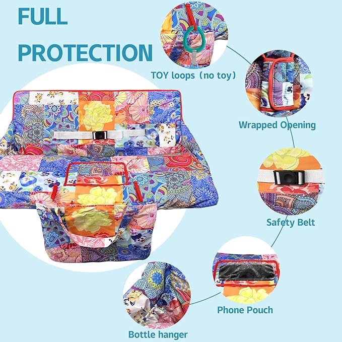 Shopping Cart Cover for Baby,2-in-1 High Chair Cover Soft,Portable, and Machine Washable,Comfortable Cotton Seat Pad with Safety Harness and Portable Cloth Bag,Fits All Supermarkets and Restaurants