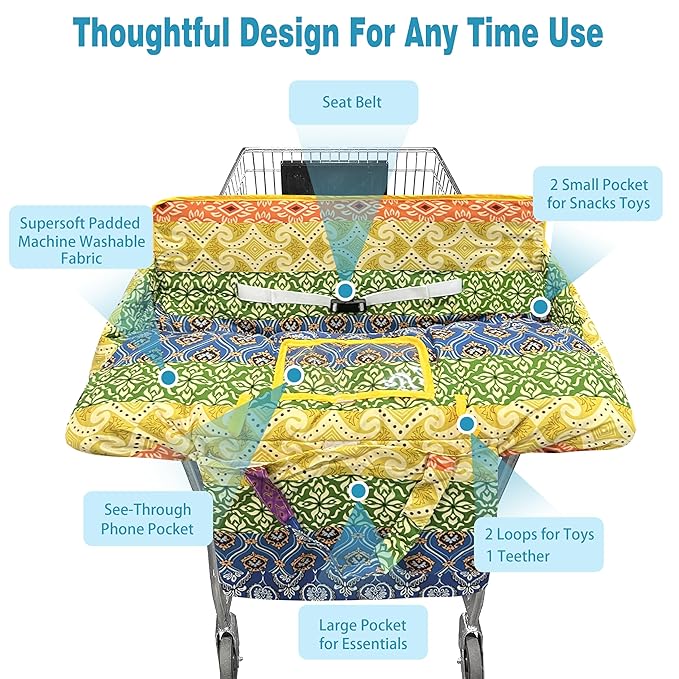 Shopping Cart Cover for Baby,2-in-1 High Chair Cover Soft,Portable,and Machine Washable,Comfortable Cotton Seat Pad with Safety Harness and Portable Cloth Bag,Fits All Supermarkets and Restaurants