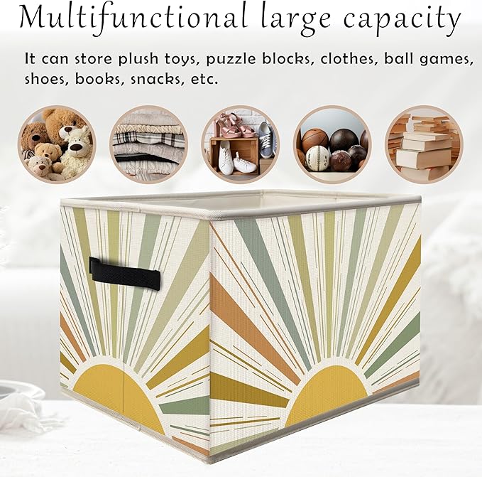 FDHSPAAM Boho Rainbow Sunshine Storage Bins Box with Handles, Abstract Mid Century Modern Minimalist Sun Sunrise Collapsible Fabric Storage Basket Box Organizer for Bedroom Bathroom Clothes Toys Books
