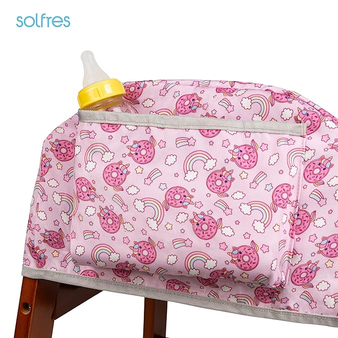 Solfres Dual-Belt High Chair Cover, Baby High Chair Cover, Upgrade Version, for Wooden or Restaurant High Chair, Sturdy and Robust Material, Rainbow Unicorn Donut