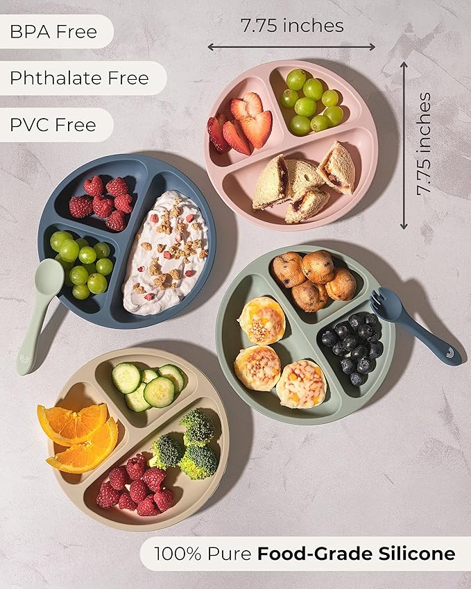 Hippypotamus Toddler Plates with Suction - 100% Food-Grade Silicone Baby Plates with Lids - Microwave & Dishwasher Safe - BPA Free - Set of 3 (Orchid/Blush/Primrose with LIDS)