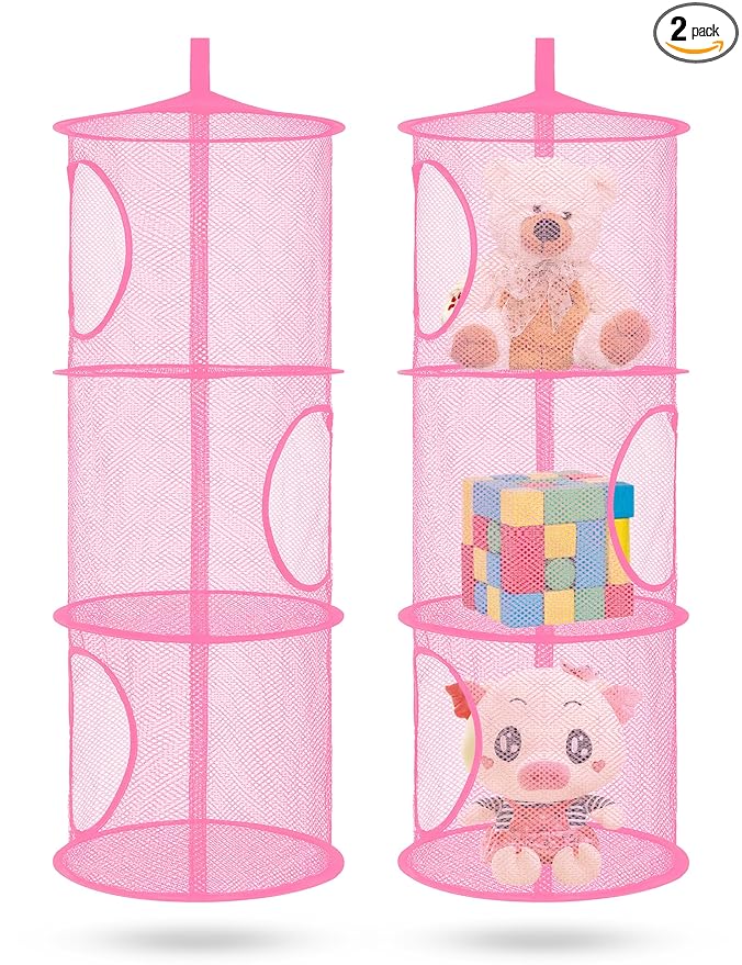 Libeder Mesh Hanging Storage Space Saver Bags Organizer,Foldable Storage Organizer 3 Compartments Toy Storage Basket for Kids Room Bathroom 2 Sets Pink