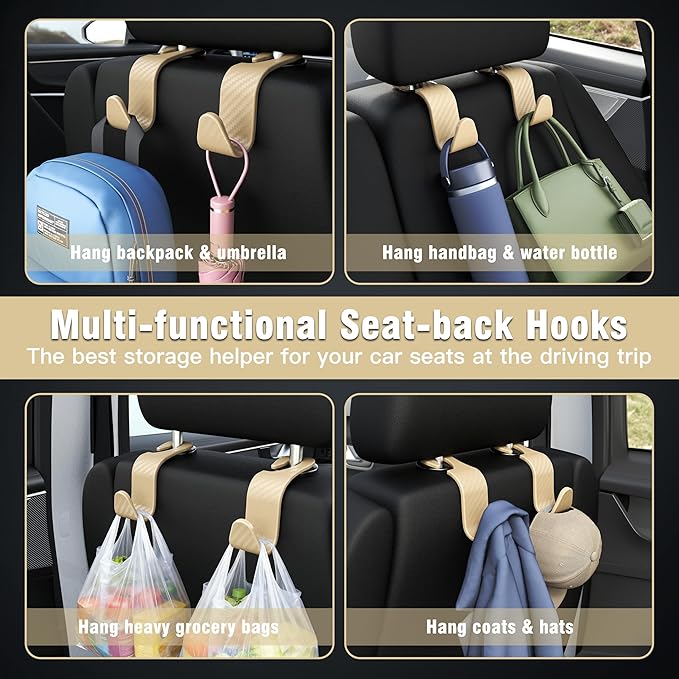Amooca 4-Pack Car Headrest Hooks Vehicle Storage Organizer for Purses Handbags Groceries Coats – Heavy Duty 360° Rotating Simple Design Checkered Beige