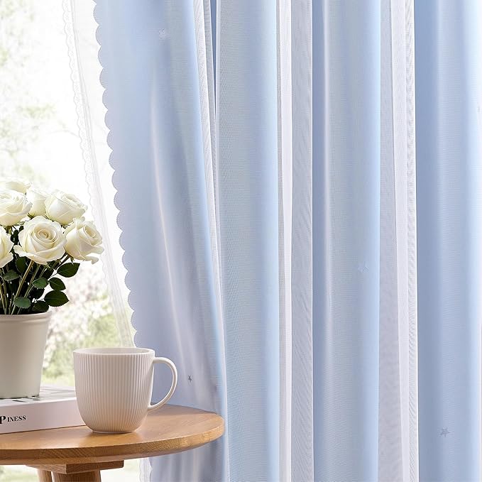 XiDi Light Blue Blackout Curtains for Girls Kids Bedroom Living Room 45 Inches Long 2 Panels Star Curtains Boys Room Darkening Thermal Insulated Drapes Grommet Noise Reduction Window Treatments 52x45