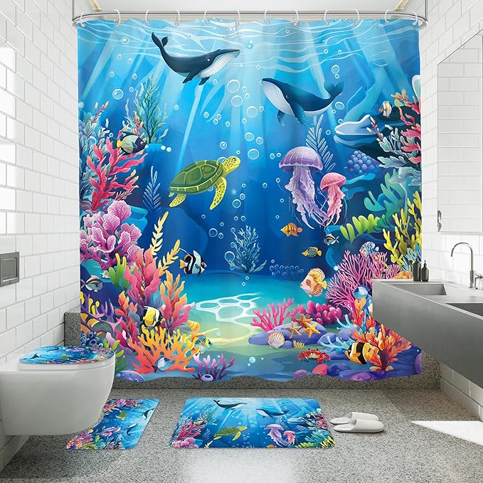 4 PCS Ocean Beach Shower Curtain Set 72Wx72H Sea Whale Turtle Nautical Bathroom Set Non-Slip Bath Rug Toilet Lid Cover U Shape Mat Complete Bathtub Accessories with 12 Hooks Bathroom Decor