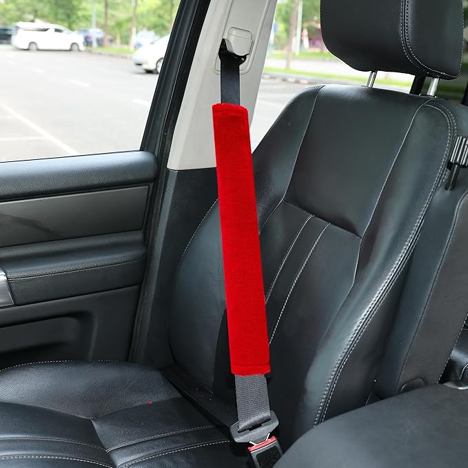 Amooca Soft Faux Fur Universal Fit Seatbelt Cover Car Truck SUV Airplane Seat Belt Shoulder Pad for Carmera Backpack Straps Neck Cushion Protector Extra Long 19.7in Red