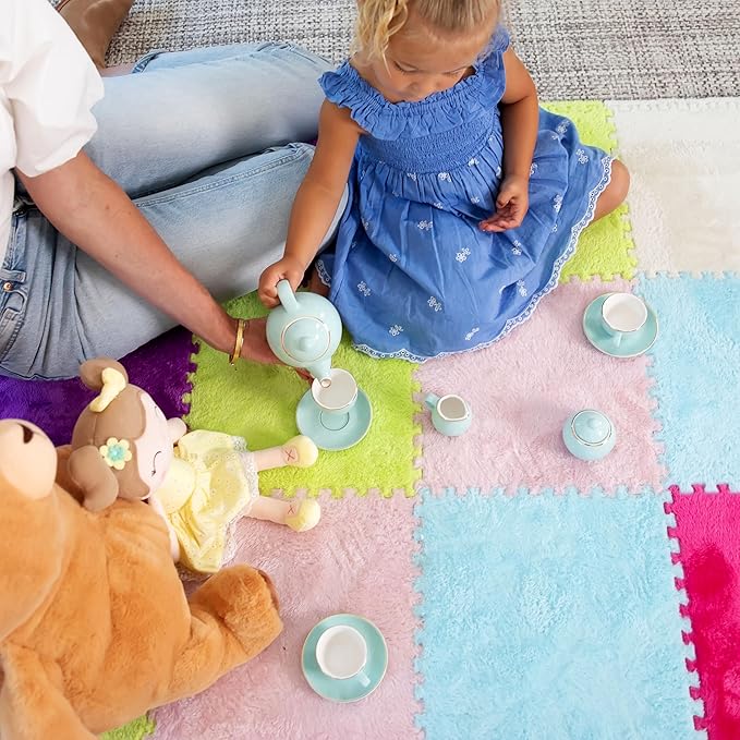 16 Piece Carpet Squares Puzzle Mat 49" x 49" Plush Interlocking Carpet Tiles, Foam Floor Tiles for Baby Play Mat - Kids Soft Play Mats Anti Slip Jigsaw Flooring Playmat Playroom Rug (Multi-Color)
