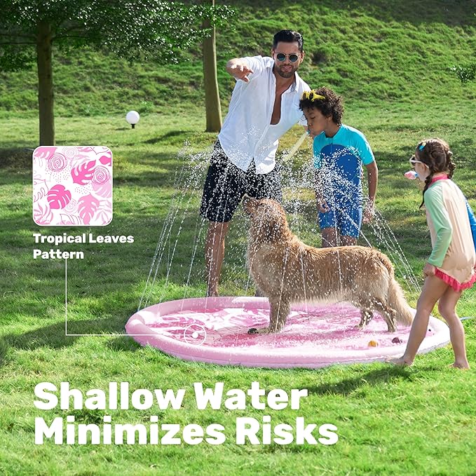 SLOOSH Splash Pad Sprinkler Mat - 6ft Tropical Leaves Outdoor Water Play Toys for Kids Dogs, Backyard Party in Summer Decor Outside Water Games Fountain Pool Children Boys Girls Toddlers Baby (Pink)
