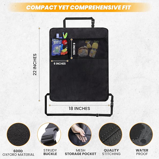 EcoNour 2 Pack Back Seat Protector for Kids Feet | Premium Waterproof Kick Mats with 2 Pocket Organizer | Backseat Cover for Vehicles to Protect from Dirt, Mud & Scratches | Travel Accessories