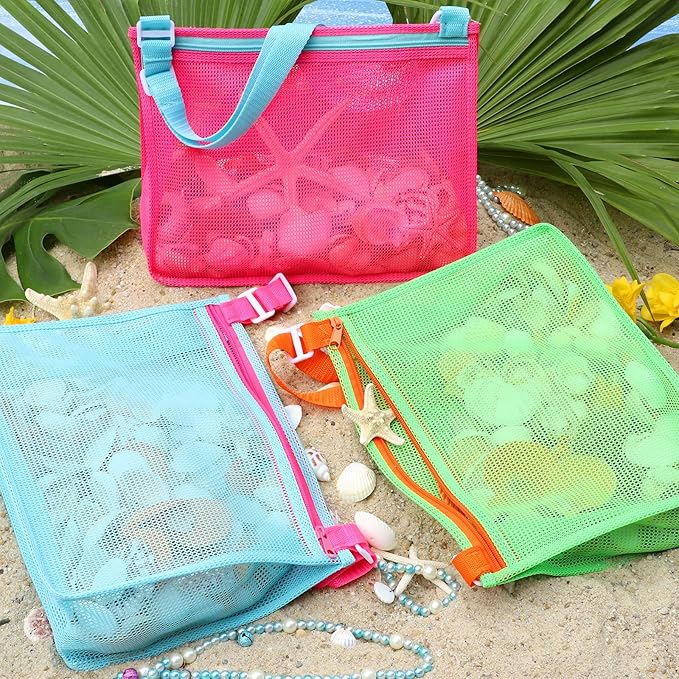 Tagitary Beach Toys Large Mesh Beach Bag Sand Toy Shell Collecting Bag for Holding Shells Pool Bag Swimming Accessories Gift for Teens Boys and Girls (Only Bags,A Set of 3)