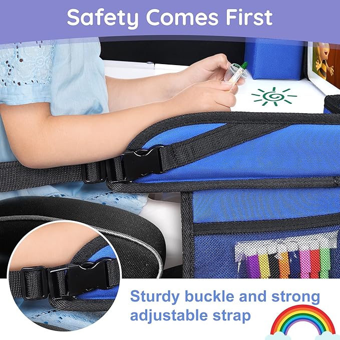 Kids Travel Tray for Car Seat, Toddler Road Trip Essentials with Dry Erase Board & Storage Organizer, Portable Carseat Lap Desk for Travel Activities, Blue