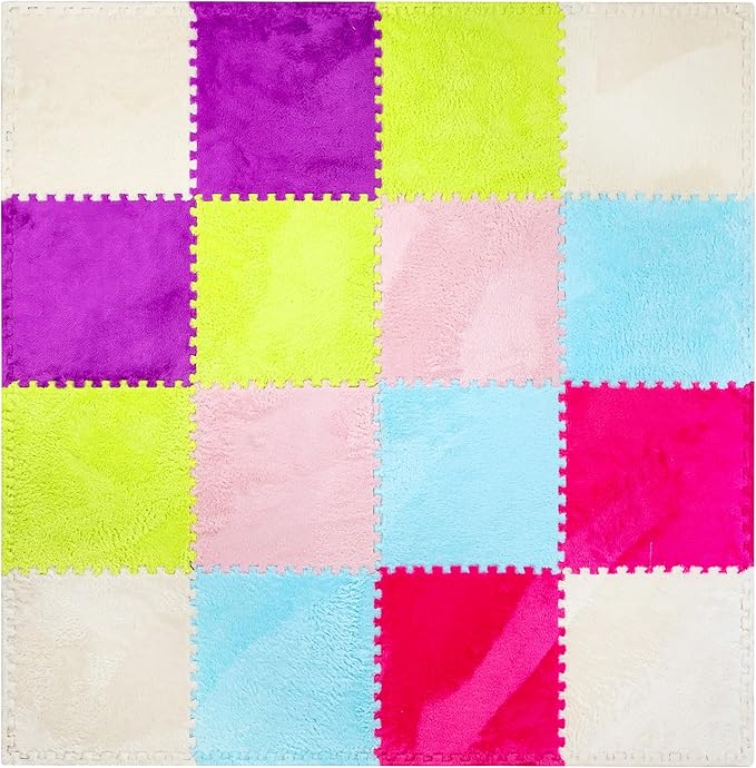 16 Piece Carpet Squares Puzzle Mat 49" x 49" Plush Interlocking Carpet Tiles, Foam Floor Tiles for Baby Play Mat - Kids Soft Play Mats Anti Slip Jigsaw Flooring Playmat Playroom Rug (Multi-Color)