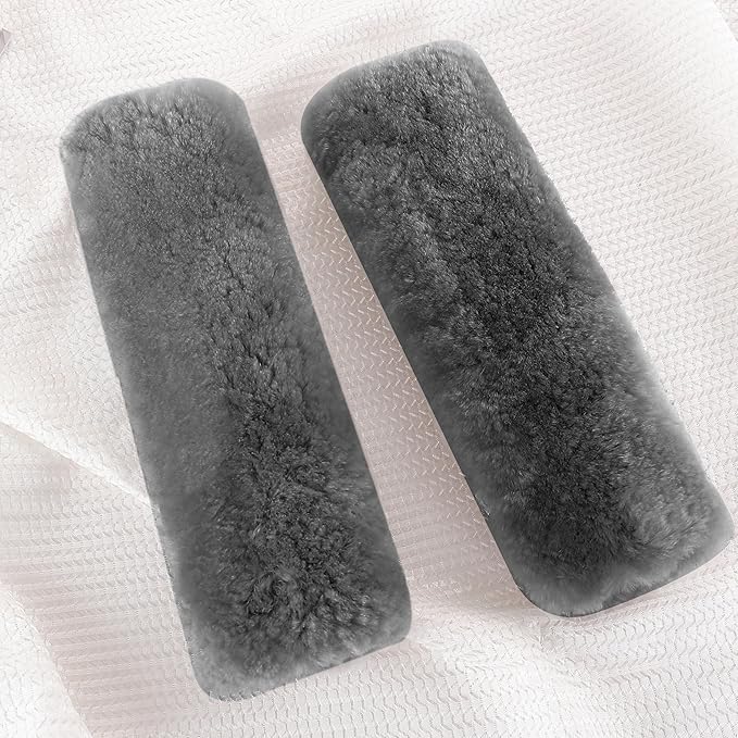 Amooca Authentic Sheepskin Seatbelt Cover Real Wool Car Truck SUV Airplane Seat Belt Shoulder Pad for Carmera Backpack Straps Neck Cushion Protector 2 Pack Dark Grey
