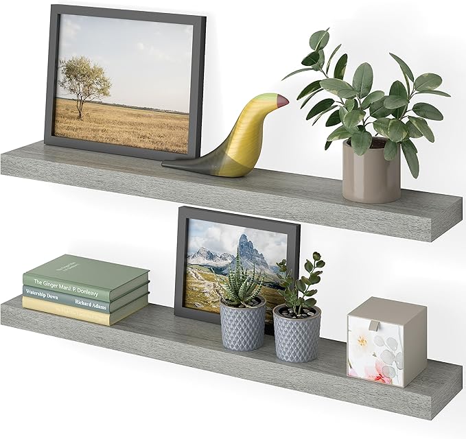 Ballucci Floating Shelves, 36" Wood Wall Shelf Set of 2, with Invisible Brackets for Bathroom, Living Room, Bedroom, Kitchen, Nursery, 6" Deep, Rustic Gray