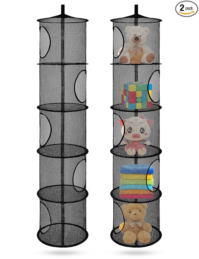 Libeder Mesh Hanging Storage Space Saver Bags Organizer,Foldable Storage Organizer 5 Compartments Toy Storage Basket for Kids Room Bathroom 2 Sets, Black