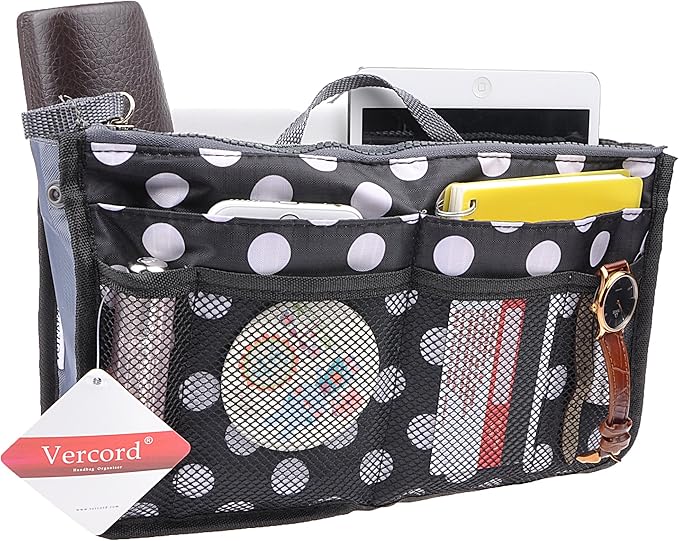 Vercord Purse Organizer Insert for Handbags Bag Organizers Inside Tote Pocketbook Women Nurse Nylon 13 Pockets Black Dot Medium