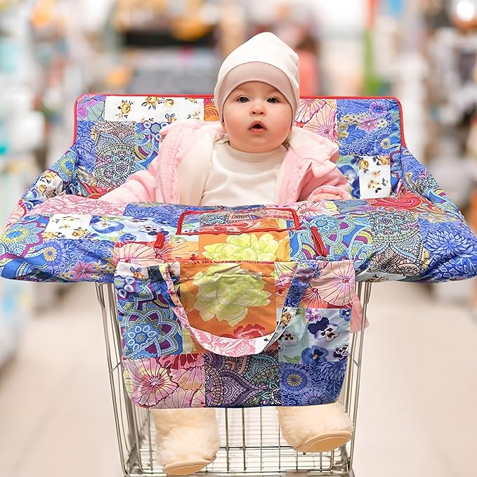 Shopping Cart Cover for Baby,2-in-1 High Chair Cover Soft,Portable, and Machine Washable,Comfortable Cotton Seat Pad with Safety Harness and Portable Cloth Bag,Fits All Supermarkets and Restaurants