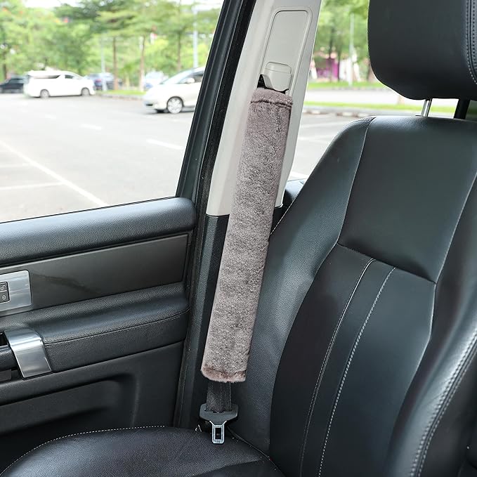 Amooca Soft Faux Fur Universal Fit Seatbelt Cover Car Truck SUV Airplane Seat Belt Shoulder Pad for Carmera Backpack Straps Neck Cushion Protector Extra Long 19.7in Brown Gray