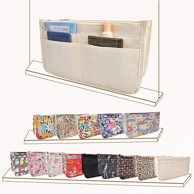 Vercord Patterned Purse Handbag Tote Pocketbook Bag Organizer Insert with Zipper Handle for Women Medium Milky Beige