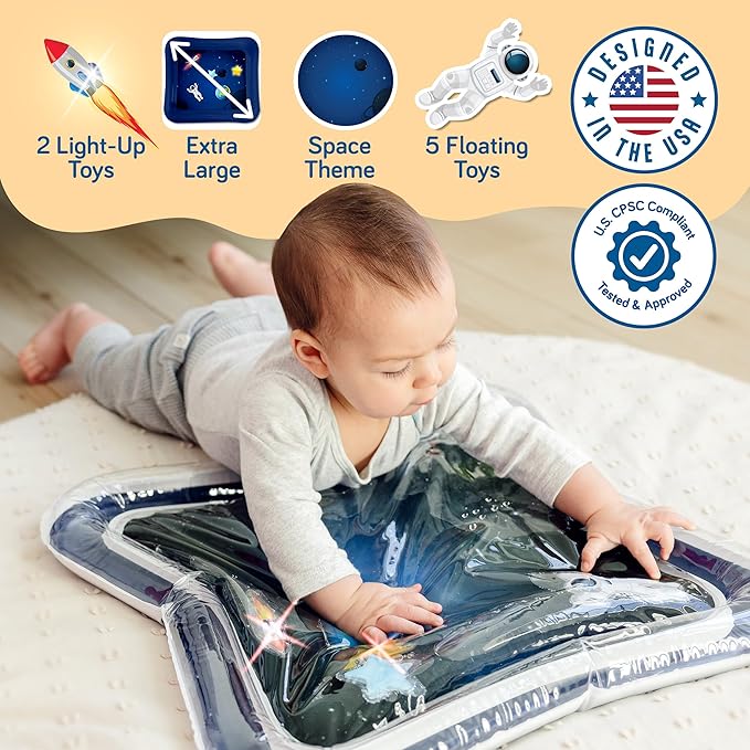 SplashEZ Lights Up Tummy Time Water Mat for Babies, Large Baby Water Mat Tummy Time for Sensory Play with LED Glowing Fishes, Inflatable Fun Play Pad for Infants & Toddlers 3 to 36 mo