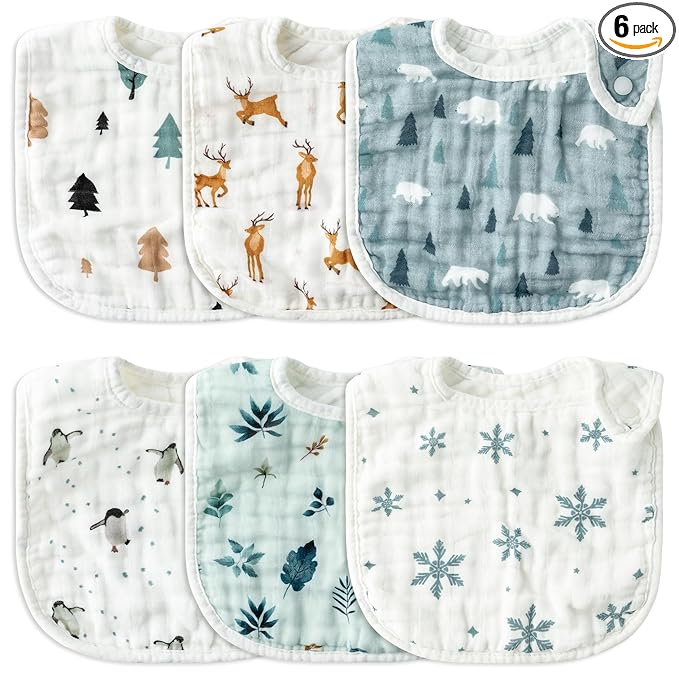 Zainpe 6Pcs Snap Muslin Cotton Baby Bibs Cute Themes Snowflake Penguin Pattern Infants Drooling Bib Adjustable Burp Cloth Soft Absorbent Feeding Cloths for Unisex Newborn Toddler Teething Eating