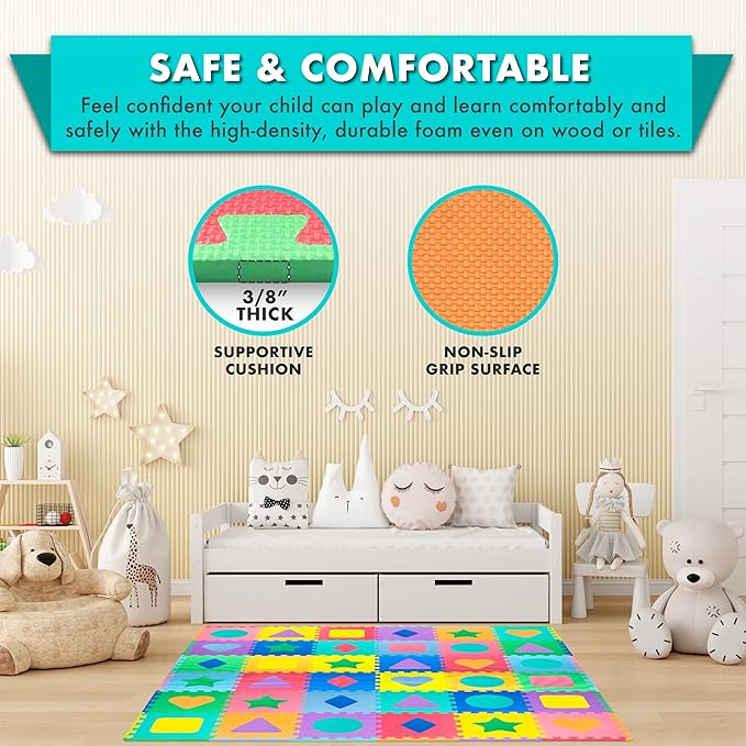 ProSource Kids Puzzle Alphabet & Numbers & Shapes Foam Play Mat 36 Tiles, 12"x12" and 24 Borders