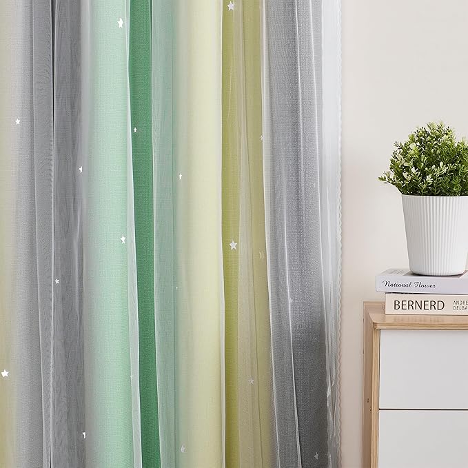XiDi Curtains for Bedroom Decor, Rainbow GreenYellowGrey52/90/1