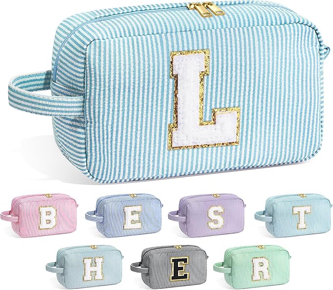YOOLIFE Birthday Gifts for 6 7 8 9 10 11 12 13 14 15 Year Old Teen Girl - Initial Makeup Bag Letter Toiletry Pouch Cosmetic Case, Personalized Teen Girl Gifts Trendy Stuff Party Favor, Light Blue L