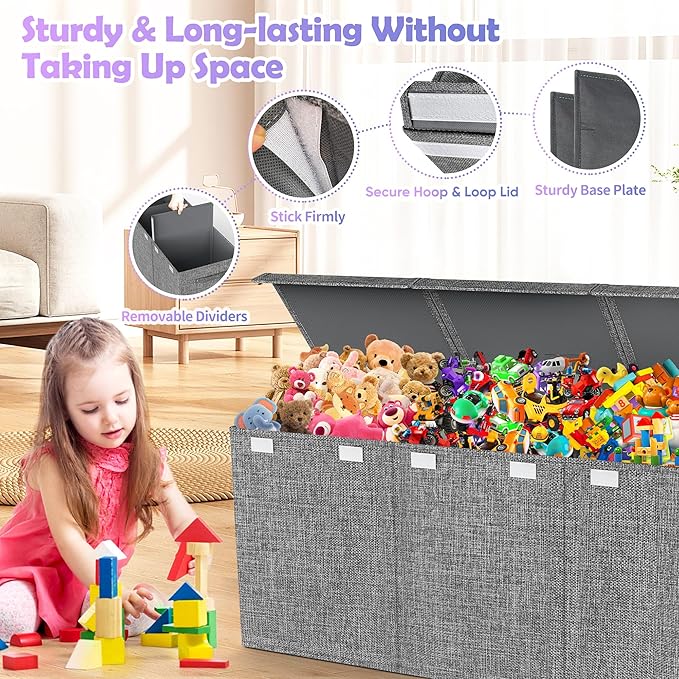Mabahoo Extra Large Toy Box Chest with Lids, Collapsible Sturdy Kids Toy Storage Organizer Boxes for Boys Girls, 40"x14"x16", Toybox Storage Bins Basket for Living Room, Bedroom, Nursery, Gray