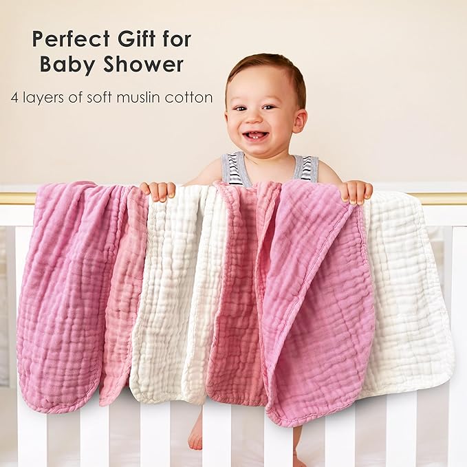 Muslin Burp Cloths for Baby 100% Cotton Burping Cloths for Unisex, Boy, Girl - Large 20'' by 10'' Newborn Essentials Ultra Soft Absorbent Milk Spit Up Rags - 12 Pack - White+Deep Sakura Series
