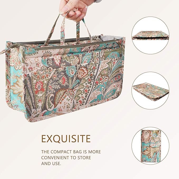 Vercord Patterned Purse Handbag Tote Pocketbook Bag Organizer Insert with Zipper Handle for Women Medium Peacock Flower