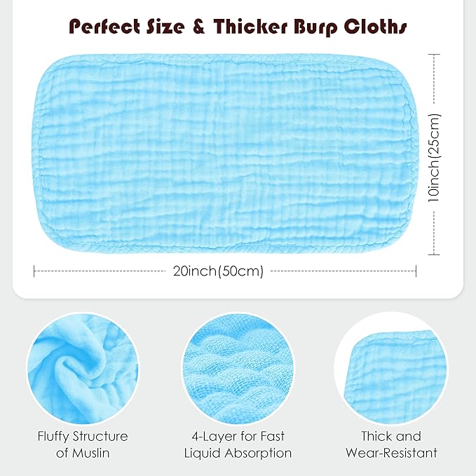 Spotted Play Muslin Burp Cloths 100% Cotton Large 20''x10'' Extra Soft and Absorbent Baby Wash Cloths Spit Up Rags - Baby Burping Cloth for Boys Girls Items(12 Pack Aquamarine)